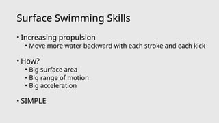 Surface Swimming Skills
• Increasing propulsion
• Move more water backward with each stroke and each kick
• How?
• Big surface area
• Big range of motion
• Big acceleration
• SIMPLE
 