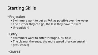 Starting Skills
• Projection
• Swimmers want to get as FAR as possible over the water
• The further they can go, the less they have to swim
• (Propulsion)
• Entry
• Swimmers want to enter through ONE hole
• The cleaner the entry, the more speed they can sustain
• (Resistance)
• SIMPLE
 