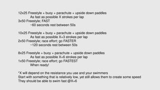 12x25 Freestyle + buoy + parachute + upside down paddles
As fast as possible X strokes per lap
3x50 Freestyle; FAST
~60 seconds rest between 50s
10x25 Freestyle + buoy + parachute + upside down paddles
As fast as possible X+3 strokes per lap
2x50 Freestyle; race effort; go FASTER
~120 seconds rest between 50s
8x25 Freestyle + buoy + parachute + upside down paddles
As fast as possible X+6 strokes per lap
1x50 Freestyle; race effort; go FASTEST
When ready!
*X will depend on the resistance you use and your swimmers
Start with something that is relatively low, yet still allows them to create some speed
They should be able to swim fast @Х+6
 