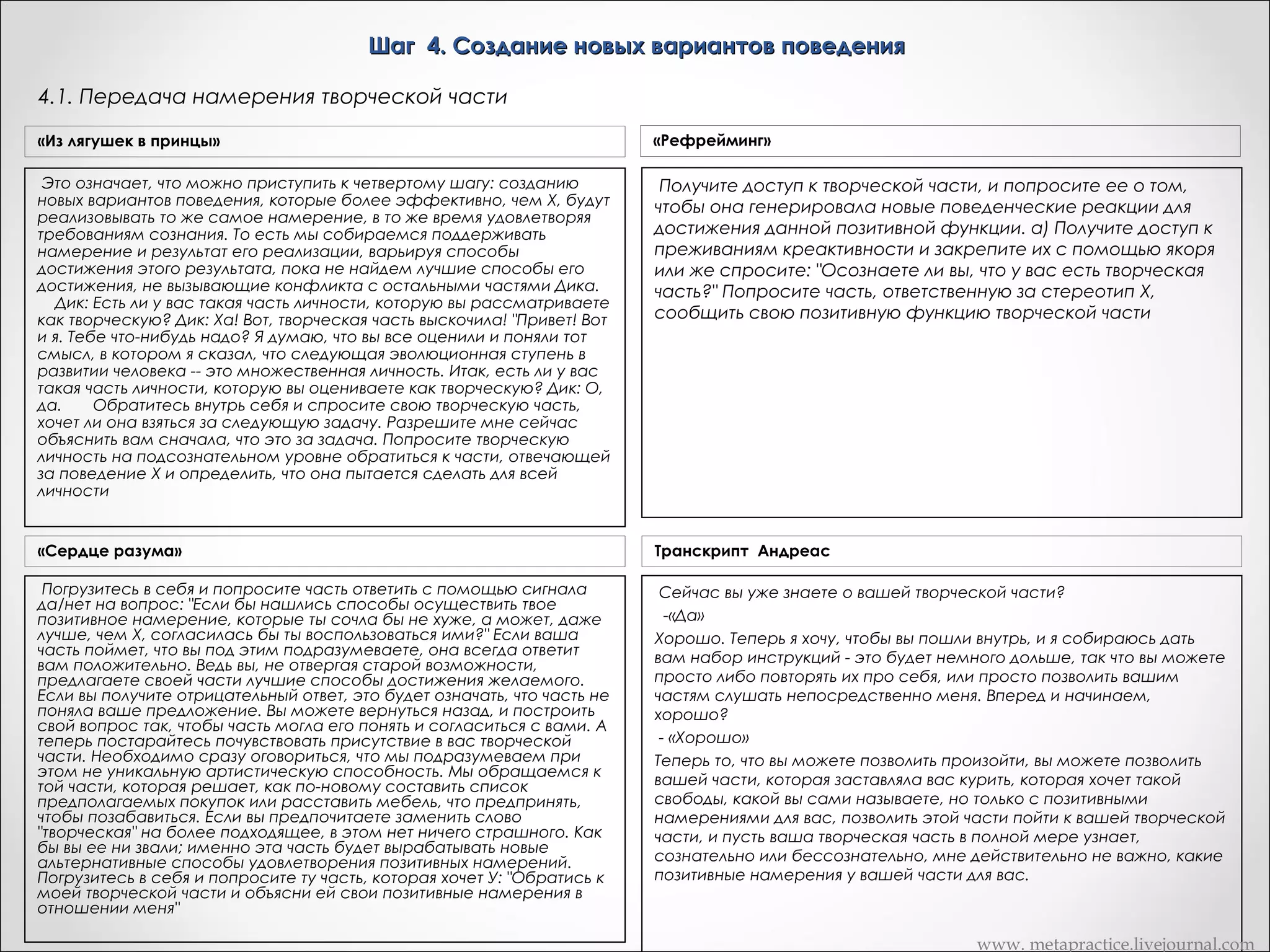 Шаг 3. Отделяю поведение от намерения.
3.7. Узнаю, хочет ли часть изменить поведение.
«Рефрейминг»

«Сердце разума»

Погрузитесь в себя и попросите часть ответить с помощью
«Спросите часть, которая отвечает за стереотип X: "Если бы
сигнала да/нет на вопрос: "Если бы нашлись способы
Вариант Метапрактика
вам. были известны способы достижения той же самой цели,
осуществить твое позитивное намерение, которые ты сочла бы
которые были бы настолько надежны или даже более надежны,
не хуже, а может, даже лучше, чем Х, согласилась бы ты
«Часть А, если бы том, чтобы реализовать
тебе были известны способы реализовать твое позитивное намерение так
чем X, были бы вы заинтересованы в
же надежнее или даже более надежней чем Х, и воспользоваться ими?"хороши, как
которые были так же Если ваша часть поймет, что вы под этим
их?"
подразумеваете, она всегда ответит вам положительно. Ведь
поведение Х, или даже лучше чем Х, была бы ты заинтересована в том, чтобы использовать
вы, не отвергая старой возможности, предлагаете своей части
их?»
лучшие способы достижения желаемого. Если вы получите
отрицательный ответ, это будет означать, что часть не поняла
ваше предложение. Вы можете вернуться назад, и построить
Если получен ответ «Да» - перехожу к пункту 4.1. (слайд 39)
свой вопрос так, чтобы часть могла его понять и согласиться с
Если получен ответ «Нет»:
вами.
Возможно, тут мы имеем с возражением части на проведение
рефрейминга. Как вариант действий, можно задать части следующий вопрос:
«Часть А, хочешь ли ты сообщить, каково твое позитивное намерение в отказе
Транскрипт Андреас
от изменения поведения Х?"
Теперь у меня есть другой вопрос для вас, чтобы вы (слайд 27) часть и снова вы можете попросить сигнал ДА для ответа «да» и
Уходим на шаг 3.1. спросили
сигнал НЕТ для ответа «нет».
Вопрос в том, если бы были способы для вас – этой части – которая заставляет вас курить, способы для достижения своих
позитивных целей для вас, ее позитивных результатов, способы, работу которых эта часть будет считать такой же хорошей или
лучше чем курение, предпочтительнее лучше - это было бы ей интересно?
- «Хм»
Если бы были способы для этой части которые будут работать так же хорошо или лучше чем курение для достижения таких же
результатов, которые часть желает, это ее заинтересует? Что теперь вы получаете?
- «Да»
Хорошо, теперь это ясно, это ясное ДА?
- «Да, как только я получила вопрос»
Хорошо.
-«И это действительно было, как будто бы я встала.»
Хорошо, хорошо. Великолепно. И вы всегда должны получать ясные ответы на этом шаге, потому что это должно быть одно
решение, только этой части. Потому, что часть знает намного больше, чем я могу себе представить. О всей этой области и что
будет работать для нее а что нет. Так что, это только если эта часть думает, что это будет лучше. Что это часть должна быть
заинтересована делать что-то еще. Хорошо. И это имеет смысл. Я имею ввиду, что вы просто предлагаете лучший способ получить
точно то что вы хотите получить. И это будет ее часть. Хорошо.

www. metapractice.livejournal.com

 