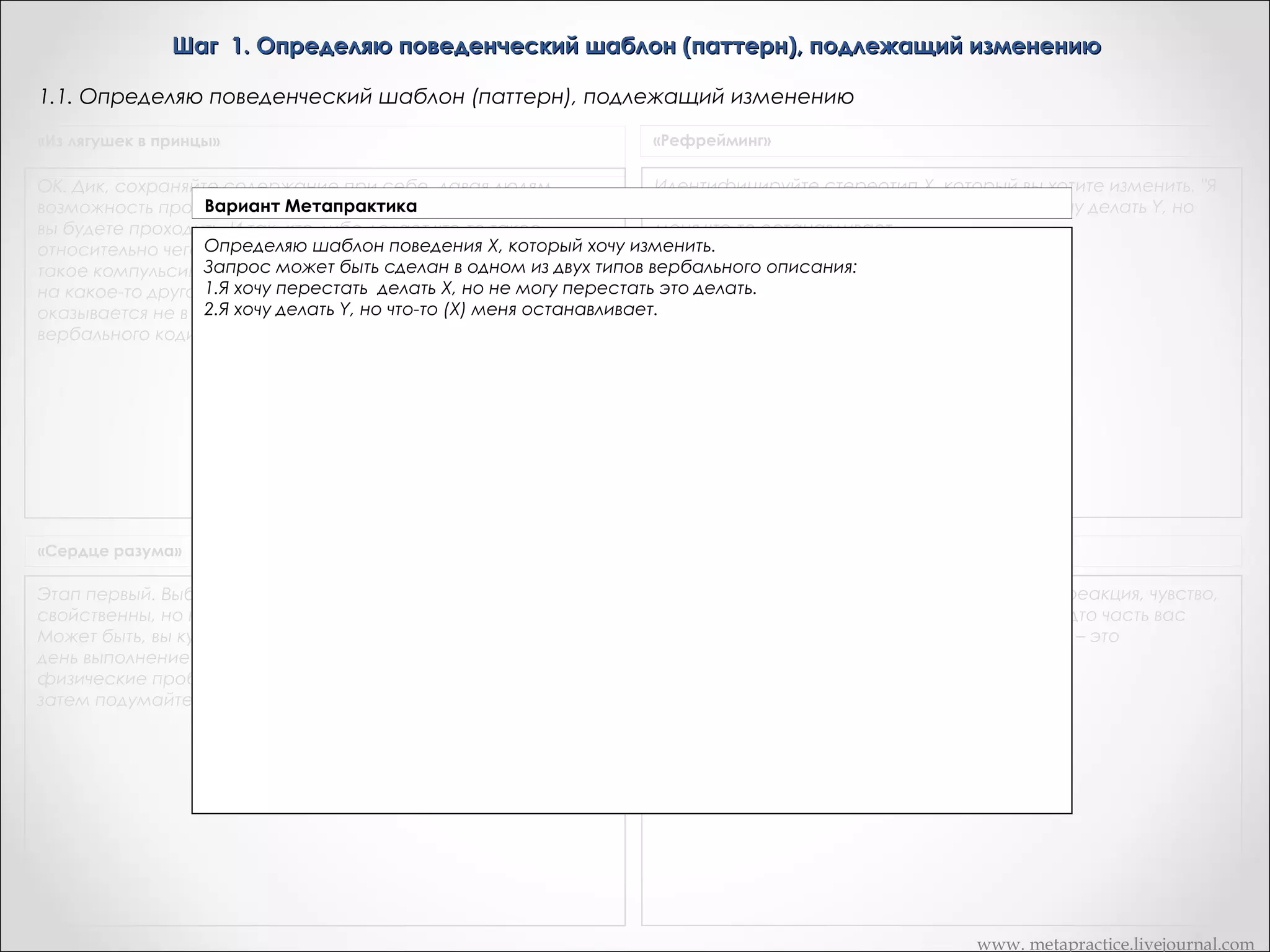 Шаг 1. Определяю поведенческий шаблон (паттерн), подлежащий изменению
1.1. Определяю поведенческий шаблон (паттерн), подлежащий изменению
«Из лягушек в принцы»

«Рефрейминг»

Идентифицируйте стереотип X, который вы хотите изменить. "Я
ОК. Дик, сохраняйте содержание при себе, давая людям
Вариант Метапрактика
хочу перестать делать X, но не могу". Или "Я хочу делать Y, но
возможность просто наблюдать за процессом, через который
меня что-то останавливает
вы будете проходить. И так, кто-либо делает что-то такое,
относительно чего Идентифицируйте делать это или не делать, относительно чего не имеет выбора, делать это
не имеет выбора, стереотип X, что-то такое,
или не делать, которое он хотите изменить.
такое компульсивное поведение,и который выхотел бы изменить
Запрос он хочет что-либо сделать, но
на какое-то другое, или жеможет быть сделан в одном из двух типов вербального описания:
1.«Я хочу перестать делать Х, но не могу перестать это делать»
оказывается не в состоянии. Тут существует две возможности
2.«Я хочу делать Y,
вербального кодирования ситуации но что-то (Х) меня останавливает»
 

«Сердце разума»

Транскрипт Андреаc

Этап первый. Выберите поступок или ощущение, которые вам
свойственны, но которые вам не нравятся.
Может быть, вы курите, переедаете, откладываете со дня на
день выполнение своих дел, сердитесь или имеете какие-либо
физические проблемы. Выберите что-то конкретное (X), а
затем подумайте "какая часть меня делает меня X

Если у вас есть какое-либо поведение , либо реакция, чувство,
что у вас есть нечто, чего вы не хотите… как будто часть вас
заставляет вас делать это, а вы этого не хотите – это
прекрасная вещь для этого.

www. metapractice.livejournal.com

 