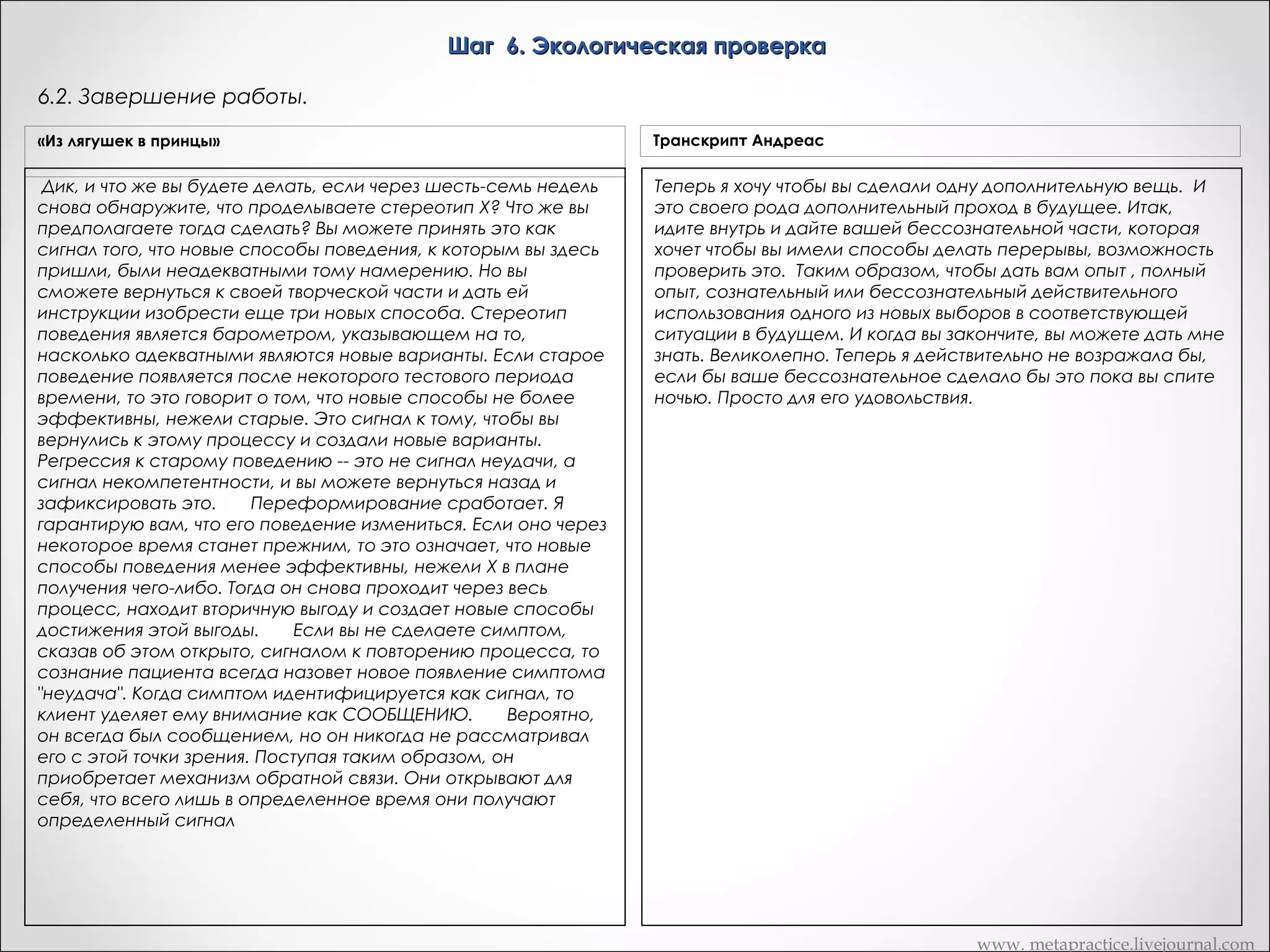 Шаг 6. Экологическая проверка
6.2. Завершение работы.
«Из лягушек в принцы»

Транскрипт Андреас

Дик, и что же вы будете делать, если через шесть-семь недель
снова обнаружите, что проделываете стереотип Х? Что же вы
предполагаете тогда сделать? Вы можете принять это как
сигнал того, что новые способы поведения, к которым вы здесь
пришли, были неадекватными тому намерению. Но вы
сможете вернуться к своей творческой части и дать ей
инструкции изобрести еще три новых способа. Стереотип
поведения является барометром, указывающем на то,
насколько адекватными являются новые варианты. Если старое
поведение появляется после некоторого тестового периода
времени, то это говорит о том, что новые способы не более
эффективны, нежели старые. Это сигнал к тому, чтобы вы
вернулись к этому процессу и создали новые варианты.      
Регрессия к старому поведению -- это не сигнал неудачи, а
сигнал некомпетентности, и вы можете вернуться назад и
зафиксировать это.       Переформирование сработает. Я
гарантирую вам, что его поведение измениться. Если оно через
некоторое время станет прежним, то это означает, что новые
способы поведения менее эффективны, нежели Х в плане
получения чего-либо. Тогда он снова проходит через весь
процесс, находит вторичную выгоду и создает новые способы
достижения этой выгоды.       Если вы не сделаете симптом,
сказав об этом открыто, сигналом к повторению процесса, то
сознание пациента всегда назовет новое появление симптома
"неудача". Когда симптом идентифицируется как сигнал, то
клиент уделяет ему внимание как СООБЩЕНИЮ.       Вероятно,
он всегда был сообщением, но он никогда не рассматривал
его с этой точки зрения. Поступая таким образом, он
приобретает механизм обратной связи. Они открывают для
себя, что всего лишь в определенное время они получают
определенный сигнал

Теперь я хочу чтобы вы сделали одну дополнительную вещь. И
это своего рода дополнительный проход в будущее. Итак,
идите внутрь и дайте вашей бессознательной части, которая
хочет чтобы вы имели способы делать перерывы, возможность
проверить это. Таким образом, чтобы дать вам опыт , полный
опыт, сознательный или бессознательный действительного
использования одного из новых выборов в соответствующей
ситуации в будущем. И когда вы закончите, вы можете дать мне
знать. Великолепно. Теперь я действительно не возражала бы,
если бы ваше бессознательное сделало бы это пока вы спите
ночью. Просто для его удовольствия.

www. metapractice.livejournal.com

 