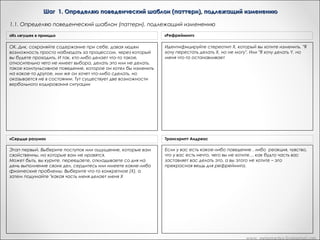 Шаг 1. Определяю поведенческий шаблон (паттерн), подлежащий изменению
1.1. Определяю поведенческий шаблон (паттерн), подлежащий изменению
«Из лягушек в принцы»

«Рефрейминг»

ОК. Дик, сохраняйте содержание при себе, давая людям
возможность просто наблюдать за процессом, через который
вы будете проходить. И так, кто-либо делает что-то такое,
относительно чего не имеет выбора, делать это или не делать,
такое компульсивное поведение, которое он хотел бы изменить
на какое-то другое, или же он хочет что-либо сделать, но
оказывается не в состоянии. Тут существует две возможности
вербального кодирования ситуации

Идентифицируйте стереотип X, который вы хотите изменить. "Я
хочу перестать делать X, но не могу". Или "Я хочу делать Y, но
меня что-то останавливает

«Сердце разума»

Транскрипт Андреас

Этап первый. Выберите поступок или ощущение, которые вам
свойственны, но которые вам не нравятся.
Может быть, вы курите, переедаете, откладываете со дня на
день выполнение своих дел, сердитесь или имеете какие-либо
физические проблемы. Выберите что-то конкретное (X), а
затем подумайте "какая часть меня делает меня X

Если у вас есть какое-либо поведение , либо реакция, чувство,
что у вас есть нечто, чего вы не хотите… как будто часть вас
заставляет вас делать это, а вы этого не хотите – это
прекрасная вещь для рефрейминга.

www. metapractice.livejournal.com

 