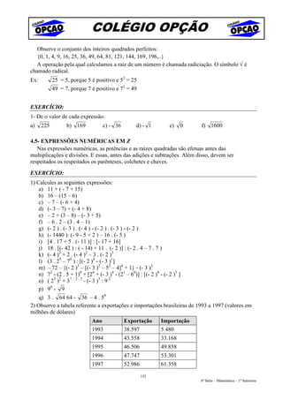 COLÉGIO OPÇÃO
   Observe o conjunto dos inteiros quadrados perfeitos:
   {0, 1, 4, 9, 16, 25, 36, 49, 64, 81, 121, 144, 169, 196,..}
   A operação pela qual calculamos a raiz de um número é chamada radiciação. O símbolo √ é
chamado radical.
Ex:         25 = 5, porque 5 é positivo e 52 = 25
            49 = 7, porque 7 é positivo e 72 = 49


EXERCÍCIO:
1- De o valor de cada expressão:
a)    225         b) 169          c) - 36       d) - 1        e)    0     f) 1600

4.5- EXPRESSÕES NUMÉRICAS EM Z
   Nas expressões numéricas, as potências e as raízes quadradas são efetuas antes das
multiplicações e divisões. E essas, antes das adições e subtrações. Além disso, devem ser
respeitados os respeitados os parênteses, colchetes e chaves.

EXERCÍCIO:
1) Calcules as seguintes expressões:
    a) 11 + ( - 7 + 15)
    b) 16 – (15 – 6)
    c) – 7 – (- 6 + 4)
    d) (- 3 – 7) + (- 4 + 8)
    e) – 2 + (3 – 8) – (- 3 + 5)
    f) – 6 . 2 – (3 . 4 – 1)
    g) (- 2 ) . (- 3 ) . (- 4 ) - (- 2 ) . (- 3 ) - (- 2 )
    h) (- 1440 ): (- 9 - 5 + 2 ) – 16 . (- 5 )
    i) [4 . 17 + 5 . (- 11 )] : [- 17 + 16]
    j) 18 . [(- 42 ) : ( - 14) + 11 . (- 2 )] : (- 2 . 4 – 7 . 7 )
    k) (- 4 )3 + 2 . (- 4 )2 – 3 . (- 2 )3
    l) (3 . 25 – 70 ) : [(- 2 )4 - (- 3 )1]
    m) – 72 – {(- 2 )3 – [(- 3 )2 – 52 – 4]4 + 1} - (- 3 )3
    n) 72 - (2 . 5 + 1)0 + [26 + (- 3 )4 - (21 – 60)] : [(- 2 )4 - (- 2 )3 ]
    o) ( 23 )2 + 37 – 2 . 3 - (- 3 )5 : 9 2
    p) 90 - 9
    q) 3 . 64 64 - 36 – 4 . 50
2) Observe a tabela referente a exportações e importações brasileiras de 1993 a 1997 (valores em
milhões de dólares)
                             Ano            Exportação     Importação
                             1993           38.597         5.480
                             1994           43.558         33.168
                             1995           46.506         49.858
                             1996           47.747         53.301
                             1997           52.986         61.358

                                                     152
                                                                          6ª Série – Matemática – 1º Semestre
 