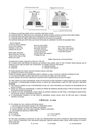 47. Observe as pirâmides etárias acima e assinale a alternativa correta.
a) A pirâmide etária de 1980 indica que a população de adultos aumenta conforme aumenta a faixa etária (idade).
b) A pirâmide etária para 2020 indica que a expectativa de vida no Brasil irá diminuir.
c) A pirâmide etária de 1980 e 2020 indicam o predomínio de homens na população.
d) A pirâmide etária para 2020 indica que haverá diminuição da natalidade e aumento da população idosa.
Sonho imigrante
A terra do sonho é distante
E seu nome é Brasil
Plantarei a minha vida
Debaixo de céu anil.
Minha Itália, Alemanha
Minha Espanha, Portugal
Talvez nunca mais eu veja
Minha terra natal
Considerando a poesia, responda os teste de nº 48 e 49.
48. A poesia acima está falando de pessoas que deixaram seus países, para vir viver no Brasil. Essas pessoas que se
deslocam de seu lugar de origem são consideradas, em relação à área de onde saíram:
a) imigrantes c) migrante pendular
b) emigrante d) migrante intrarregional
49. Essas pessoas que migram possuem diversos motivos, entre eles:
a) vontade de conhecer outros países.
b) falta de emprego, guerras, perseguições política e religiosa, ou seja, a busca por melhores condições de vida.
c) ir em busca de trabalho lucrativo, para retornar ao seu país de origem com muito dinheiro.
d) serem expulsos de sua terra natal devido ao grande número populacional de seu país de origem.
50. Hoje o Brasil é um país industrializado, sendo a 6ª economia mundial. Entretanto a miséria persiste em cerca de metade
da população. A industrialização brasileira ocorreu no século XX, especialmente a partir de 1930. Assinale a alternativa
incorreta.
a) São Paulo foi o estado em que a industrialização ocorreu com maior intensidade, por concentrar as necessidades de um
parque industrial.
b) Apesar de o Brasil ser industrializado, a miséria de milhões de brasileiros persiste porque o PIB se concentra nas mãos
de reduzida parcela da população.
c) O Brasil é um país industrializado, porque desde as primeiras indústrias em São Paulo, a tecnologia foi desenvolvida,
não havendo, portanto, dependência nessa área.
d) A industrialização brasileira é do tipo tardia ou retardatária, porque ocorreu cerca de 200 anos após a revolução
industrial, na Europa.
CIÊNCIAS – 6ª série
51. Em relação aos vírus, analise as afirmativas abaixo:
I. são seres que não possuem células e nem metabolismo próprio.
II. só se multiplicam no interior das células que parasitam.
III. causam doenças, tais como: gripe, sarampo, catapora, poliomielite.
IV. são constituídos apenas por DNA e RNA.
Estão corretas:
a) I e II apenas c) II, III e IV apenas
b) I, II e III apenas d) I, II, III e IV
52. São seres unicelulares, procariontes, ou seja, seu material genético fica solto no citoplasma. Alguns fazem fotossíntese
mas a maioria é heterótrofa e têm reprodução assexuada. Algumas espécies podem causar várias doenças no homem.
Esses seres são:
a) as bactérias b) os vírus c) os fungos d) os protozoários
Aqui sou povo sofrido
lá eu serei fazendeiro
terei gado, terei sol
o mar de lá é tão lindo
natureza generosa
que faz nascer sem espinho
o milagre da rosa
O frio não é muito frio
nem o calor muito quente
e falam que quem lá vive
é maravilha de gente.
(Milton Nascimento e Fernando Brant)
 