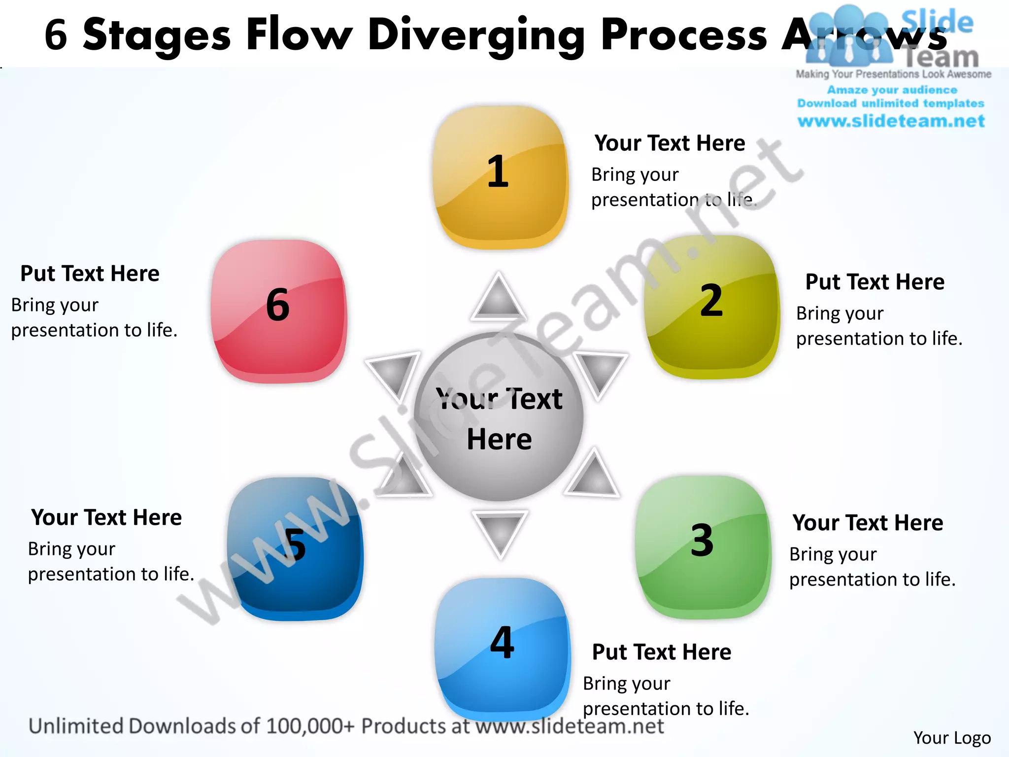6 stages flow diverging process arrows circular layout diagram power ...