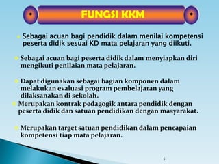 5
 Sebagai acuan bagi pendidik dalam menilai kompetensi
peserta didik sesuai KD mata pelajaran yang diikuti.
*FUNGSI KKM*
 Sebagai acuan bagi peserta didik dalam menyiapkan diri
mengikuti penilaian mata pelajaran.
 Dapat digunakan sebagai bagian komponen dalam
melakukan evaluasi program pembelajaran yang
dilaksanakan di sekolah.
 Merupakan kontrak pedagogik antara pendidik dengan
peserta didik dan satuan pendidikan dengan masyarakat.
 Merupakan target satuan pendidikan dalam pencapaian
kompetensi tiap mata pelajaran.
 