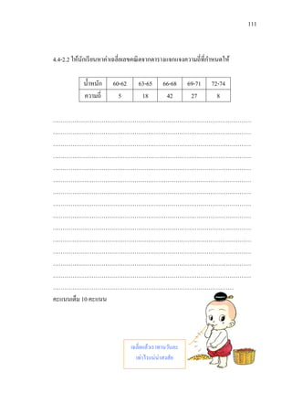 111



4.4-2.2 ให้นกเรี ยนหาค่าเฉลี่ยเลขคณิ ตจากตารางแจกแจงความถี่ที่กาหนดให้
            ั

            น้ าหนัก   60-62      63-65      66-68     69-71   72-74
            ความถี่      5         18         42        27       8

…………………………………………………………………………………………
…………………………………………………………………………………………
…………………………………………………………………………………………
…………………………………………………………………………………………
…………………………………………………………………………………………
…………………………………………………………………………………………
…………………………………………………………………………………………
…………………………………………………………………………………………
…………………………………………………………………………………………
…………………………………………………………………………………………
…………………………………………………………………………………………
…………………………………………………………………………………………
…………………………………………………………………………………………
…………………………………………………………………………………………
…………………………………………………………………………………
คะแนนเต็ม 10 คะแนน




                               เฉลี่ยแล้วเราทานวันละ
                                 เท่าไรแน่น่าสงสัย
 