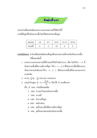 112



                                     ตัวอย่ างที่ 4.4-3

จงหาค่าเฉลี่ยเลขคณิ ตจากตารางแจกแจงความถี่ได้ต่อไปนี้
(กรณี ขอมูลเป็ นอันตรภาคชั้นโดยวิธีทอนค่าของข้อมูล)
       ้

                คะแนน          2-4       5-7       8-10     11-13   14-16
                ความถี่         6         4         10        8       2

การดาเนินการ หาค่าเฉลี่ยเลขคณิ ตของข้อมูลที่แจกแจงความถี่แบบอันอันตรภาคชั้น
               มีข้ นตอนดังนี้
                    ั
    1. จากตารางแจกแจงความถี่ที่กาหนดให้สร้างช่ องว่าง d เพิ่ม โดยให้ d = 0 ที่
       อันตรภาคชั้นที่มีความถี่มากที่สุด ให้ d = -1 , -2,-3 ที่อนตรภาคชั้นที่มีคะแนน
                                                                ั
       น้อยกว่าตามลาดับและให้ d =1, 2, 3 ที่อนตรภาคชั้นที่มีคะแนนมากกว่า
                                                      ั
       ตามลาดับ
    2. หา fd ,  fd ,  f (N) และ I จากตาราง
    3. แทนค่าในสู ตร X = A + (  fd ) I ก็จะได้ X ตามต้องการ
                                        N
        เมื่อ    X    แทน ค่าเฉลี่ยเลขคณิ ต
                 I    แทน ความกว้างของอันตรภาคชั้น
                 f    แทน ความถี่
                N    แทน จานวนข้อมูล
                d    แทน ผลต่างของ
                A    แทน จุดกึ่งกลางชั้นที่มีความถี่มากที่สุด
                X    แทน จุดกึ่งกลางของแต่ละอันตรภาคชั้น
 