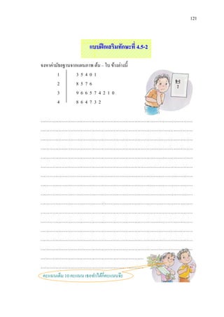 121



                        แบบฝึ กเสริมทักษะที่ 4.5-2

จงหาค่ามัธยฐานจากแผนภาพ ต้น – ใบ ข้างล่างนี้
        1        35401
        2        8576
        3        966574210
        4        864732

…………………………………………………………………………………………
…………………………………………………………………………………………
…………………………………………………………………………………………
…………………………………………………………………………………………
…………………………………………………………………………………………
…………………………………………………………………………………………
…………………………………………………………………………………………
…………………………………………………………………………………………
…………………………………………………………………………………………
…………………………………………………………………………………………
…………………………………………………………………………………………
…………………………………………………………………………………………
…………………………………………………………………………………………
…………………………………………………………………………………………
…………………………………………………………………………………………
……………………………………………………………
……………………………………………………………
 คะแนนเต็ม 10 คะแนน เธอทาได้กี่คะแนนจ๊ะ
 