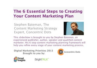 Sharpen Your
Content Marketing Strategy
In 6 Steps
Stephen Bateman
The Content Marketing
Strategy Expert
All content is © Copyright Concentric Dots Limited 2013
Registered in England and Wales Number 8159156
 