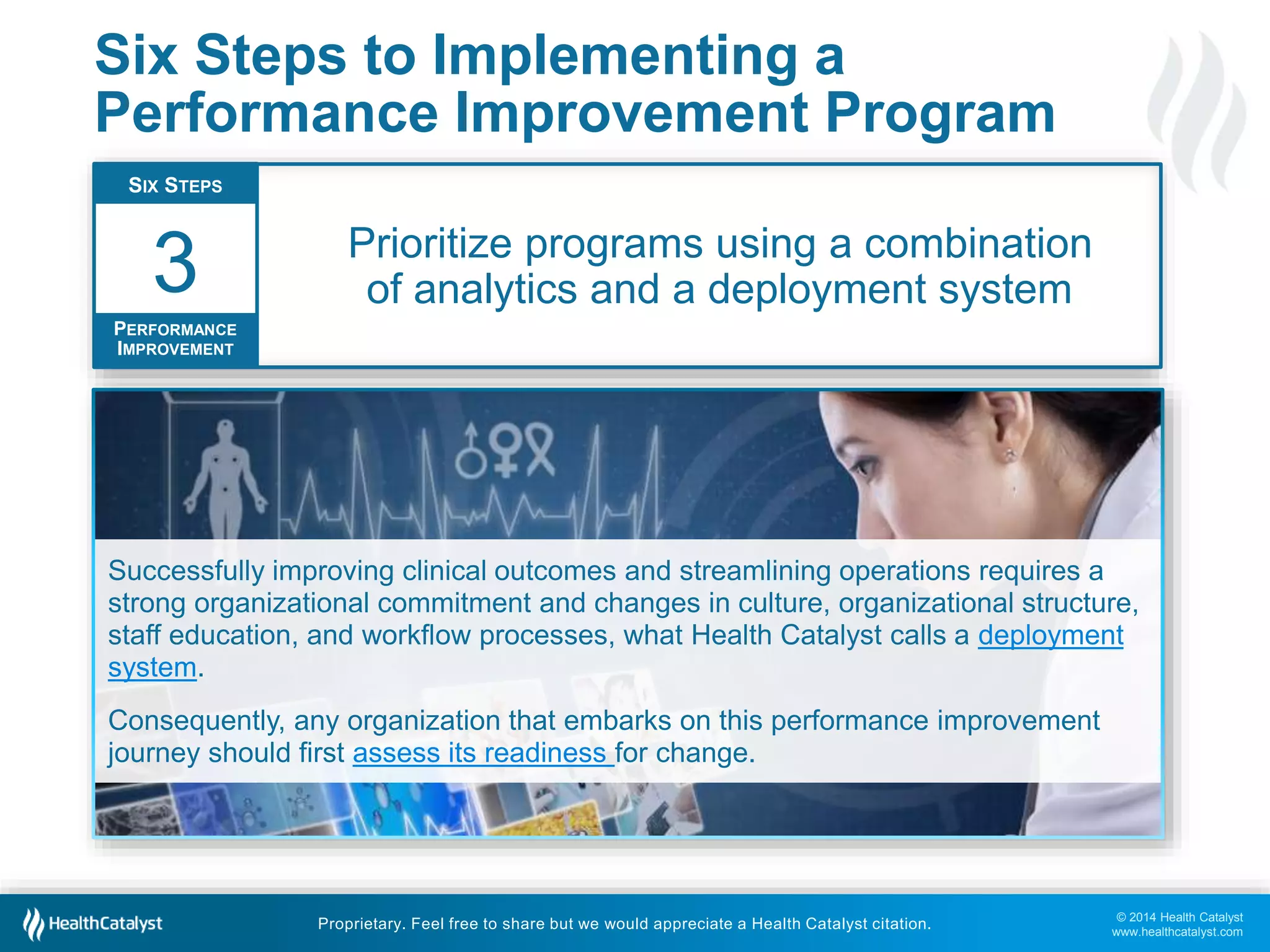 © 2014 Health Catalyst
www.healthcatalyst.com
Proprietary. Feel free to share but we would appreciate a Health Catalyst citation.
Six Steps to Implementing a
Performance Improvement Program
Prioritize programs using a combination
of analytics and a deployment system
SIX STEPS
PERFORMANCE
IMPROVEMENT
3
Successfully improving clinical outcomes and streamlining operations requires a
strong organizational commitment and changes in culture, organizational structure,
staff education, and workflow processes, what Health Catalyst calls a deployment
system.
Consequently, any organization that embarks on this performance improvement
journey should first assess its readiness for change.
 