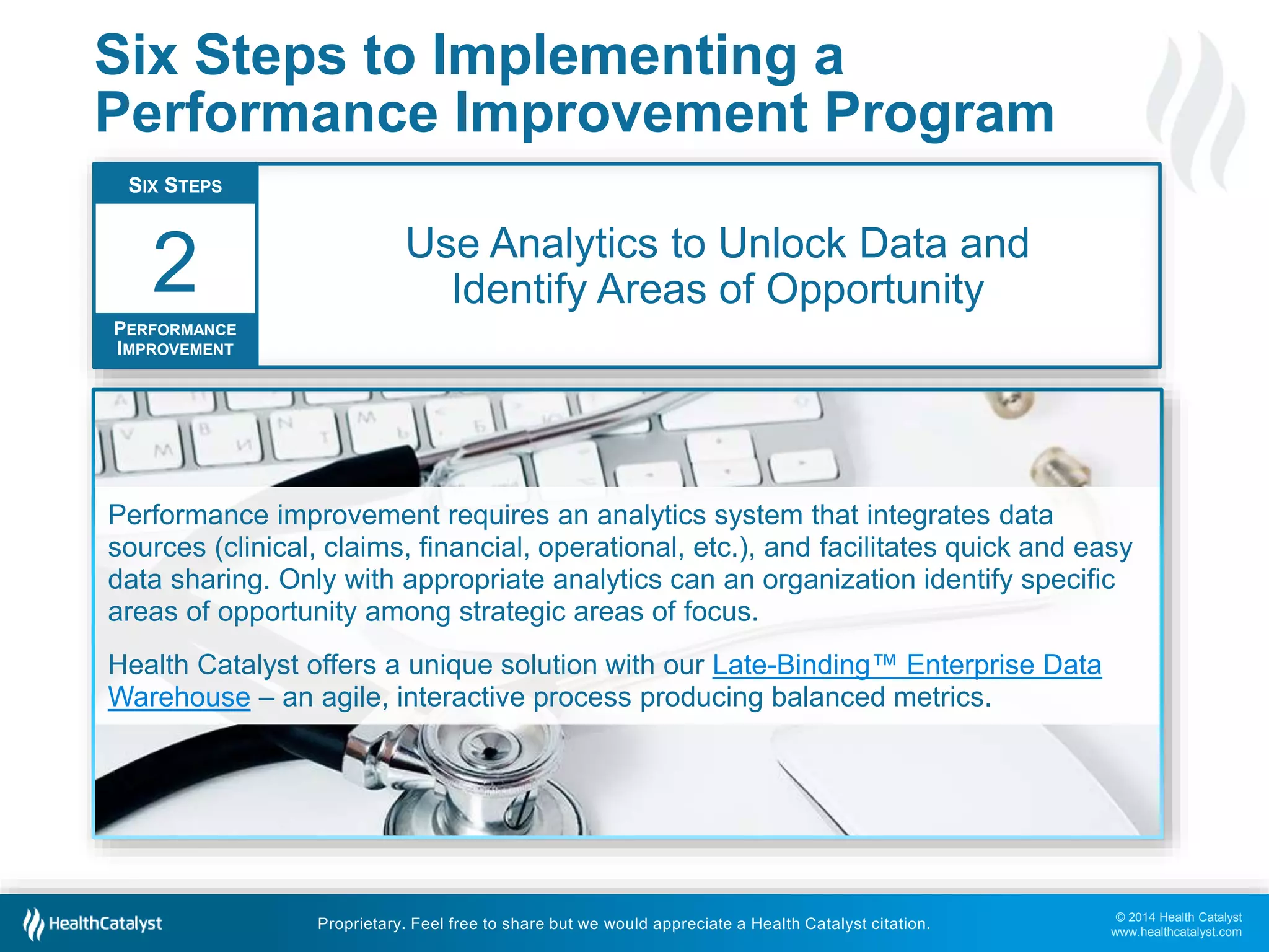 © 2014 Health Catalyst
www.healthcatalyst.com
Proprietary. Feel free to share but we would appreciate a Health Catalyst citation.
Six Steps to Implementing a
Performance Improvement Program
Use Analytics to Unlock Data and
Identify Areas of Opportunity
SIX STEPS
PERFORMANCE
IMPROVEMENT
2
Performance improvement requires an analytics system that integrates data
sources (clinical, claims, financial, operational, etc.), and facilitates quick and easy
data sharing. Only with appropriate analytics can an organization identify specific
areas of opportunity among strategic areas of focus.
Health Catalyst offers a unique solution with our Late-Binding™ Enterprise Data
Warehouse – an agile, interactive process producing balanced metrics.
 