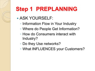 Step 1 PREPLANNING
   ASK YOURSELF:
    ◦ Information Flow in Your Industry
    ◦ Where do People Get Information?
    ◦ ...
