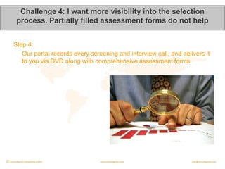 Challenge 4: I want more visibility into the selection process. Partially filled assessment forms do not helpStep 4:Our portal records every screening and interview call, and delivers it to you via DVD along with comprehensive assessment forms.