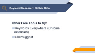 Keyword Research: Gather Data
Other Free Tools to try:
▰Keywords Everywhere (Chrome
extension)
▰Ubersuggest
 