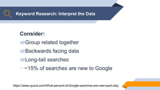 Keyword Research: Interpret the Data
Consider:
▰Group related together
▰Backwards facing data
▰Long-tail searches
▻~15% of searches are new to Google
https://www.quora.com/What-percent-of-Google-searches-are-new-each-day
 