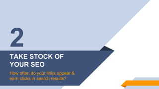 TAKE STOCK OF
YOUR SEO
How often do your links appear &
earn clicks in search results?
2
 
