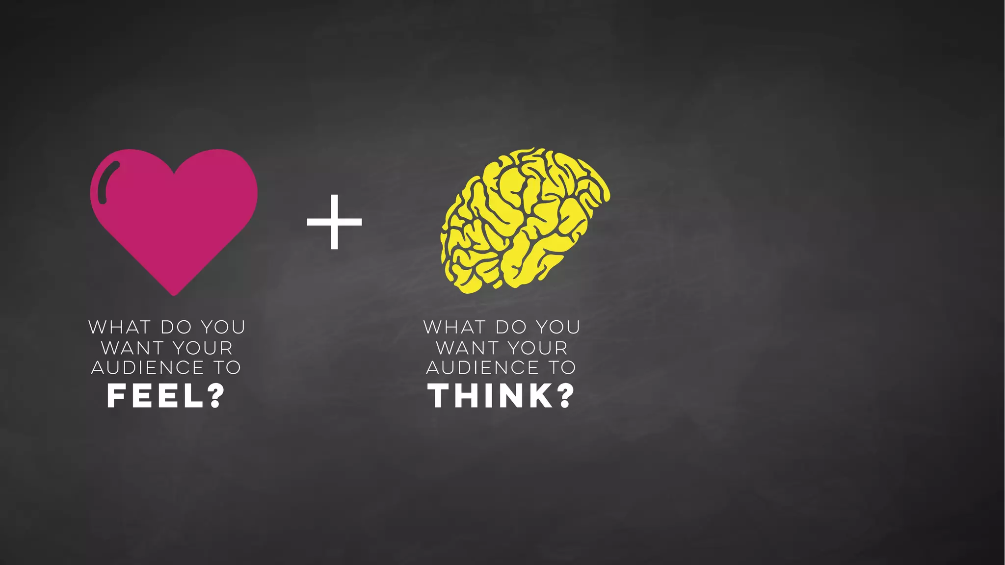 +
What do you
want your
audience to
FEEL?
What do you
want your
audience to
think?
+
What do you
want your
audience to
do?
 