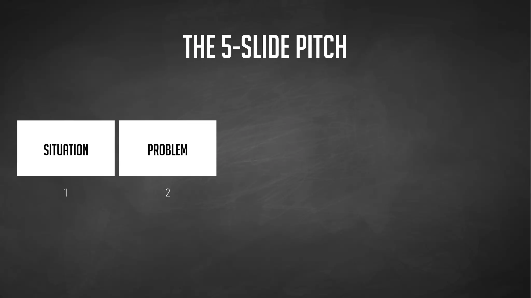  
SITUATION
 
PROBLEM OPPORTUNITY
1 2 3
THE 5-SLIDE PITCH
 