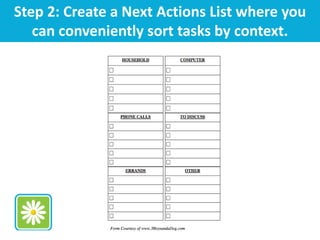 Step 2: Create a Next Actions List where you
can conveniently sort tasks by context.
 