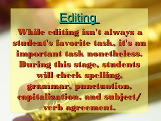 Editing
While editing isn't always a
student's favorite task, it's an
important task nonetheless.
During this stage, students
will check spelling,
grammar, punctuation,
capitalization, and subject/
verb agreement.

 