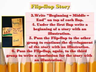 Flip-flop Story
3.Write “Beginning – Middle –
End” on top of each flap.
4. Under the first flap write a
beginning of a story with an
illustration.
5. Pass the Flip-flop to the other
group to continue the development
of the story with an illustration.
6. Pass the Flip-flop, again, to the third
group to write a conclusion for the story with
an illustration.

 