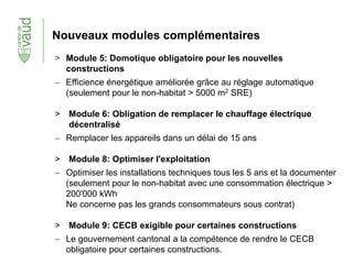 Nouveaux modules complémentaires
> Module 5: Domotique obligatoire pour les nouvelles
constructions
 Efficience énergétique améliorée grâce au réglage automatique
(seulement pour le non-habitat > 5000 m2 SRE)
> Module 6: Obligation de remplacer le chauffage électrique
décentralisé
 Remplacer les appareils dans un délai de 15 ans
> Module 8: Optimiser l'exploitation
 Optimiser les installations techniques tous les 5 ans et la documenter
(seulement pour le non-habitat avec une consommation électrique >
200'000 kWh
Ne concerne pas les grands consommateurs sous contrat)
> Module 9: CECB exigible pour certaines constructions
 Le gouvernement cantonal a la compétence de rendre le CECB
obligatoire pour certaines constructions.
 