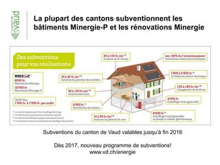 La plupart des cantons subventionnent les
bâtiments Minergie-P et les rénovations Minergie
Subventions du canton de Vaud valables jusqu’à fin 2016
Dès 2017, nouveau programme de subventions!
www.vd.ch/energie
 