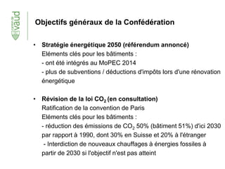Objectifs généraux de la Confédération
• Stratégie énergétique 2050 (référendum annoncé)
Eléments clés pour les bâtiments :
- ont été intégrés au MoPEC 2014
- plus de subventions / déductions d'impôts lors d'une rénovation
énergétique
• Révision de la loi CO2 (en consultation)
Ratification de la convention de Paris
Eléments clés pour les bâtiments :
- réduction des émissions de CO2 50% (bâtiment 51%) d'ici 2030
par rapport à 1990, dont 30% en Suisse et 20% à l'étranger
- Interdiction de nouveaux chauffages à énergies fossiles à
partir de 2030 si l'objectif n'est pas atteint
 