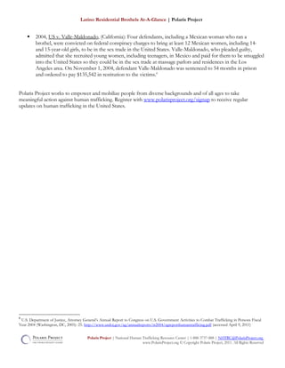 Latino Residential Brothels At-A-Glance | Polaris Project
 2004, US v. Valle-Maldonado, (California): Four defendants, including a Mexican woman who ran a
brothel, were convicted on federal conspiracy charges to bring at least 12 Mexican women, including 14-
and 15-year-old girls, to be in the sex trade in the United States. Valle-Maldonado, who pleaded guilty,
admitted that she recruited young women, including teenagers, in Mexico and paid for them to be smuggled
into the United States so they could be in the sex trade at massage parlors and residences in the Los
Angeles area. On November 1, 2004, defendant Valle-Maldonado was sentenced to 54 months in prison
and ordered to pay $135,542 in restitution to the victims.6
Polaris Project works to empower and mobilize people from diverse backgrounds and of all ages to take
meaningful action against human trafficking. Register with www.polarisproject.org/signup to receive regular
updates on human trafficking in the United States.
6
U.S. Department of Justice, Attorney General’s Annual Report to Congress on U.S. Government Activities to Combat Trafficking in Persons Fiscal
Year 2004 (Washington, DC, 2005): 25. http://www.usdoj.gov/ag/annualreports/tr2004/agreporthumantrafficing.pdf (accessed April 9, 2011)
Polaris Project | National Human Trafficking Resource Center | 1-888-3737-888 | NHTRC@PolarisProject.org
www.PolarisProject.org © Copyright Polaris Project, 2011. All Rights Reserved
 