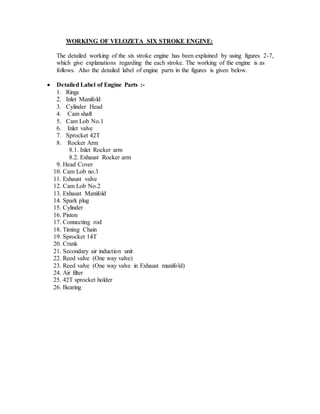 WORKING OF VELOZETA SIX STROKE ENGINE:
The detailed working of the six stroke engine has been explained by using figures 2-7,
which give explanations regarding the each stroke. The working of the engine is as
follows. Also the detailed label of engine parts in the figures is given below.
 Detailed Label of Engine Parts :-
1. Rings
2. Inlet Manifold
3. Cylinder Head
4. Cam shaft
5. Cam Lob No.1
6. Inlet valve
7. Sprocket 42T
8. Rocker Arm
8.1. Inlet Rocker arm
8.2. Exhaust Rocker arm
9. Head Cover
10. Cam Lob no.3
11. Exhaust valve
12. Cam Lob No.2
13. Exhaust Manifold
14. Spark plug
15. Cylinder
16. Piston
17. Connecting rod
18. Timing Chain
19. Sprocket 14T
20. Crank
21. Secondary air induction unit
22. Reed valve (One way valve)
23. Reed valve (One way valve in Exhaust manifold)
24. Air filter
25. 42T sprocket holder
26. Bearing
 