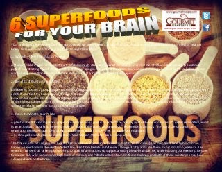 Your brain controls every function in your body yet we rarely give it a second thought. And, few of us choose foods that protect or heal our
brain. Here are some of the best foods for thought (literally):
1. Spinach—More than Just for Popeye
A study of middle-aged rats fed diets with added spinach, strawberry extract, or vitamin E for nine months found that spinach proved most
potent in protecting nerve cells against the effects of aging in two parts of the brain. More research needs to be done but it looks like Popeye
was building more than muscles when he ate spinach. (Try Ricotta Pasta with Fresh Spinach.)
2. Benefits of Blue for Grey Matter
Blueberries contain a group of plant nutrients called proanthocyanidins. Proanthocyanidins have a unique capacity to protect both the watery
and fatty parts of the brain against damage from some environmental toxins. Proanthocyanidins decrease free radical activity within and
between brain cells. Blueberry proanthocyanidins have greater antioxidant properties than vitamins C and E. Blueberries appear to have some
of the highest concentrations of these powerful antioxidants. In other studies, researchers found that compounds in blueberries may reverse
some age-related memory loss and motor skill decline.
3. From the Vine to Your Palate
A plant nutrient found in grapes, grape juice and red wine appears to protect the brain against Alzheimer’s disease. It’s called resveratrol, and it
is an antioxidant thought to be responsible for many of the purported benefits of red wine on brain cells. The researchers found that
resveratrol protected brain cells by mopping up free radicals before they can cause brain damage.
4-6. Omega 3s to Maintain a Healthy Brain (Wild Salmon, Walnuts, Flax or Hemp Seeds)
The brain is 60% fat and requires healthy fats to reduce inflammation (linked to most brain disorders) and maintain a healthy blood-brain
barrier—a mechanism intended to protect the brain from harmful substances. Omega 3 fatty acids like those found in salmon, walnuts, flax
seeds or flax seed oil, or hemp seeds, help to quell inflammation and support a strong blood-brain barrier, while boosting our memory. Be sure
to choose only wild salmon since high levels of mercury and PCBs have been found in farmed salmon and both of these substances may have
adverse effects on the brain
www.gourmetrecipe.com
 