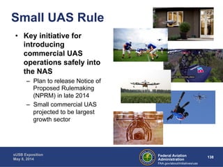 Federal Aviation 138 
Administration 
sUSB Exposition 
May 8, 2014 
FAA.gov/about/initiatives/uas 
Small UAS Rule 
• Key initiative for 
introducing 
commercial UAS 
operations safely into 
the NAS 
– Plan to release Notice of 
Proposed Rulemaking 
(NPRM) in late 2014 
– Small commercial UAS 
projected to be largest 
growth sector 
 