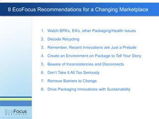 8 EcoFocus Recommendations for a Changing Marketplace


            1. Watch BPA’s, EA’s, other Packaging/Health Issues

            2. Decode Recycling

            3. Remember, Recent Innovations are Just a Prelude

            4. Create an Environment on Package to Tell Your Story

            5. Beware of Inconsistencies and Disconnects

            6. Don’t Take It All Too Seriously

            7. Remove Barriers to Change

            8. Drive Packaging Innovations with Sustainability
 