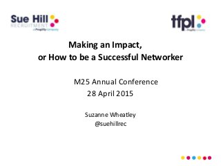 Making an Impact,
or How to be a Successful Networker
M25 Annual Conference
28 April 2015
Suzanne Wheatley
@suehillrec
 