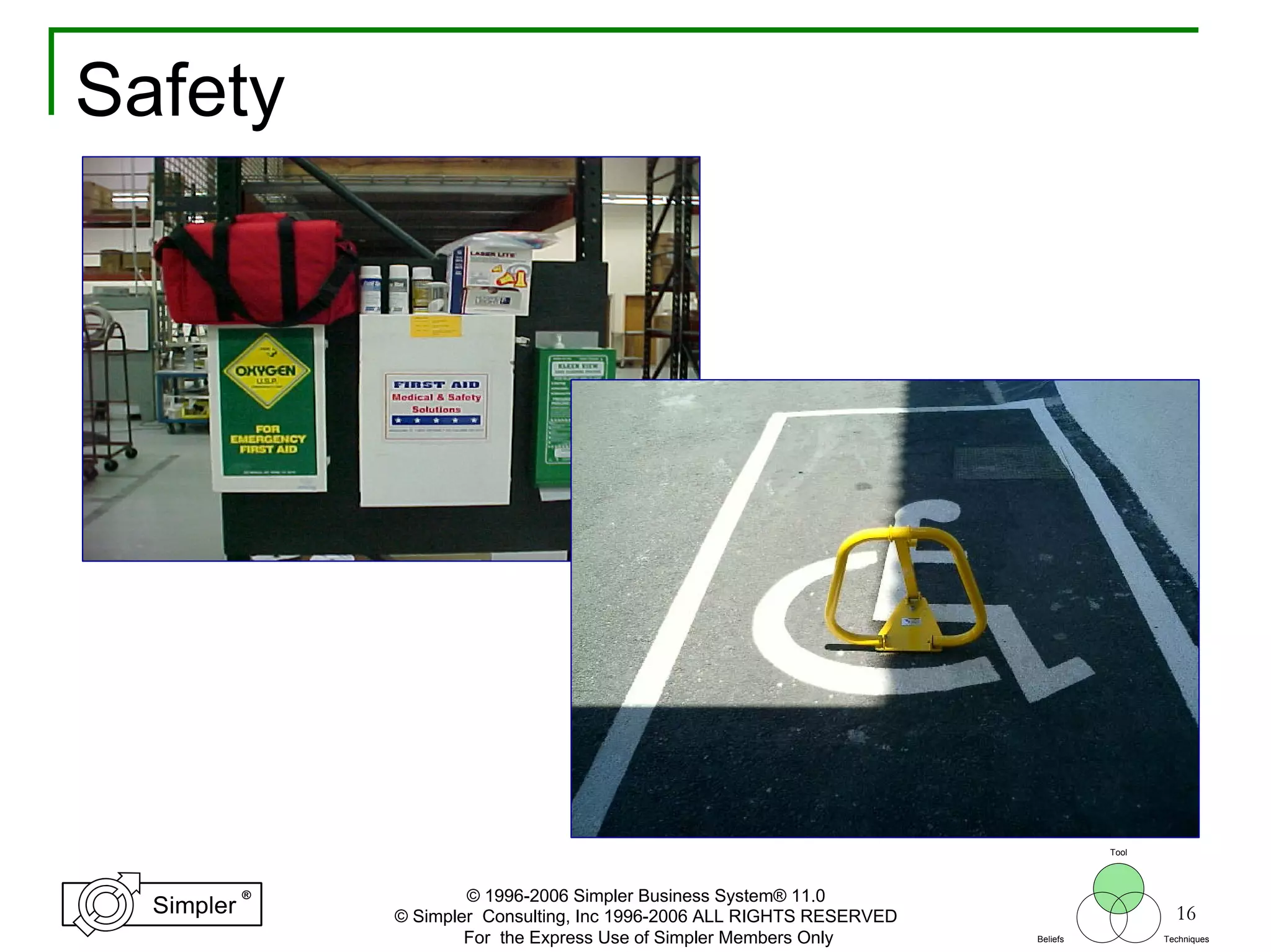 16
®
Simpler
®
Simpler
Tool
TechniquesBeliefs
© 1996-2006 Simpler Business System® 11.0
© Simpler Consulting, Inc 1996-2006 ALL RIGHTS RESERVED
For the Express Use of Simpler Members Only
Safety
 