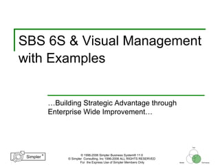 …Building Strategic Advantage through
Enterprise Wide Improvement…
®
Simpler
®
Simpler
Tool
TechniquesBeliefs
© 1996-2006 Simpler Business System® 11.0
© Simpler Consulting, Inc 1996-2006 ALL RIGHTS RESERVED
For the Express Use of Simpler Members Only
SBS 6S & Visual Management
with Examples
 