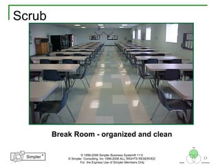 13
®
Simpler
®
Simpler
Tool
TechniquesBeliefs
© 1996-2006 Simpler Business System® 11.0
© Simpler Consulting, Inc 1996-2006 ALL RIGHTS RESERVED
For the Express Use of Simpler Members Only
Scrub
Break Room - organized and clean
 