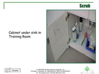 14
®
Simpler
®
Simpler
Tool
TechniquesBeliefs
© 1996-2006 Simpler Business System® 11.0
© Simpler Consulting, Inc 1996-2006 ALL RIGHTS RESERVED
For the Express Use of Simpler Members Only
Cabinet under sink in
Training Room
Scrub
 