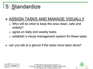19
®
Simpler
®
Simpler
Tool
TechniquesBeliefs
© 1996-2006 Simpler Business System® 11.0
© Simpler Consulting, Inc 1996-2006 ALL RIGHTS RESERVED
For the Express Use of Simpler Members Only
5: Standardize
ASSIGN TASKS AND MANAGE VISUALLY
Who will do what to keep the area clean, safe and
orderly?
agree on daily and weekly tasks
establish a visual management system for these tasks
can you tell at a glance if the tasks have been done?
 