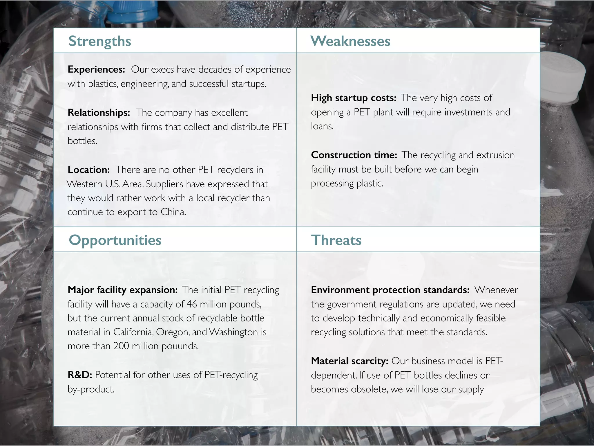 Strengths Weaknesses
Experiences: Our execs have decades of experience
with plastics, engineering, and successful startups.
Relationships: The company has excellent
relationships with ﬁrms that collect and distribute PET
bottles.
Location: There are no other PET recyclers in
Western U.S.Area. Suppliers have expressed that
they would rather work with a local recycler than
continue to export to China.
High startup costs: The very high costs of
opening a PET plant will require investments and
loans.
Construction time: The recycling and extrusion
facility must be built before we can begin
processing plastic.
Opportunities Threats
Major facility expansion: The initial PET recycling
facility will have a capacity of 46 million pounds,
but the current annual stock of recyclable bottle
material in California, Oregon, and Washington is
more than 200 million pouunds.
R&D: Potential for other uses of PET-recycling
by-product.
Environment protection standards: Whenever
the government regulations are updated, we need
to develop technically and economically feasible
recycling solutions that meet the standards.
Material scarcity: Our business model is PET-
dependent. If use of PET bottles declines or
becomes obsolete, we will lose our supply
 