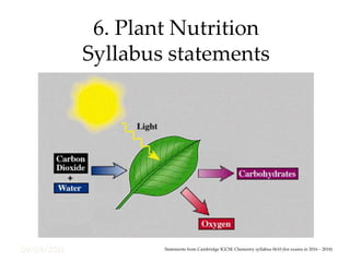 09/04/2016
6. Plant Nutrition
Syllabus statements
Statements from Cambridge IGCSE Chemistry syllabus 0610 (for exams in 2016 – 2018)
 