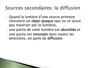 ` Quand la lumière d’une source primaire
rencontre un objet opaque (qui ne se laisse
pas traverser par la lumière),
` une partie de cette lumière est absorbée et
` une partie est renvoyée dans toutes les
directions, on parle de diffusion.
 