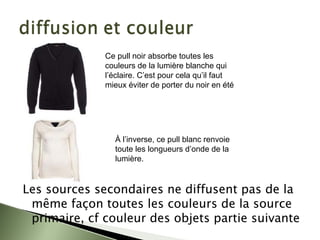 Les sources secondaires ne diffusent pas de la
même façon toutes les couleurs de la source
primaire, cf couleur des objets partie suivante
Ce pull noir absorbe toutes les
couleurs de la lumière blanche qui
l’éclaire. C’est pour cela qu’il faut
mieux éviter de porter du noir en été
À l’inverse, ce pull blanc renvoie
toute les longueurs d’onde de la
lumière.
 