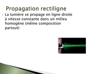 ` La lumière se propage en ligne droite
à vitesse constante dans un milieu
homogène (même composition
partout)
 