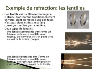 Exemple de refraction: les lentilles
` Une lentille est un élément homogène,
isotrope, transparent, traditionnellement
en verre, dont au moins l’une des faces
n’est pas plane et destiné à faire
converger ou diverger la lumière.
` Deux types de lentilles
◦ Une lentille convergente transforme un
faisceau de lumière parallèle en un
faisceau qui converge vers un point situé
en aval de la lentille. (loupe)
◦ Une lentille divergente transforme un
faisceau de lumière parallèle en un
faisceau divergent qui semble provenir
d’un point situé en amont de la lentille.
 