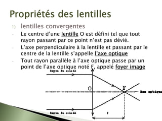 Propriétés des lentilles
1) lentilles convergentes
- Le centre d’une lentille O est défini tel que tout
rayon passant par ce point n’est pas dévié.
- L’axe perpendiculaire à la lentille et passant par le
centre de la lentille s’appelle l’axe optique
- Tout rayon parallèle à l’axe optique passe par un
point de l’axe optique noté F, appelé foyer image
 