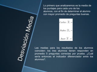Lo primero que analizaremos es la media de
       los puntajes para cada uno de los
       alumnos, con el fin de determinar el alumno
       con mayor promedio de preguntas buenas.




Las medias para los resultados de los alumnos
coinciden: los tres alumnos tienen responden en
promedio 5 preguntas correctas por prueba. ¿Cuál
sería entonces el indicador diferenciador entre los
alumnos?.
 