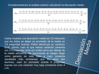 Complementemos el análisis anterior calculando la desviación media:




Carlos muestra una desviación media de 3,9 indicando
que los datos se alejan en promedio de la media en
3,9 preguntas buenas. Pedro disminuye su variación
(2,9), siendo Juan el que menos variación presenta
con 0,9 preguntas tanto por arriba como por debajo de
la media aritmética. Se recomienda al colegio elegir
como ganador en este caso a Juan, presenta
resultados más constantes que los otros dos
alumnos, Juan en promedio acierta 5 preguntas
buenas con una variación muy baja (rondando entre 4
y 6).
 